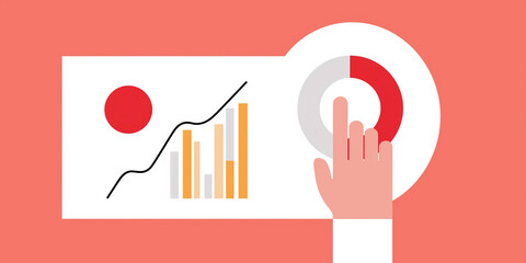 Poster - Hand pressing a circular button on a digital interface with colorful graphs and charts on a vibrant background illustrating data analysis concept