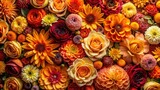A lush tapestry woven from vibrant autumnal flowers, including roses and dahlias in shades of orange, yellow, and burgundy, floral pattern, symphony of roses and dahlias