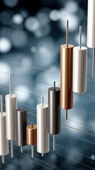 Poster - High-quality stock market chart displaying white candlestick patterns over a blurred blue and grey abstract background for trading analysis