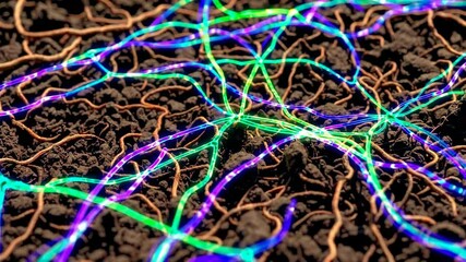 Poster - Luminous Mycelium Network in Colorful Patterns on Dark Soil Surface