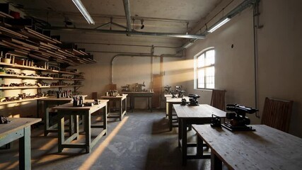 Poster - Tranquil Workshop Interior with Sunlight and Simple Tools