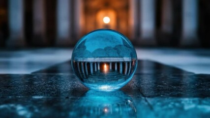 Poster - Captivating Reflection of Candlelit Architecture in a Crystal Sphere on a Dark Surface with Ethereal Lighting and Depth of Field Blur
