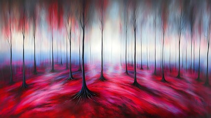 Poster - Abstract Red and White Forest Painting