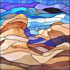 Poster - Abstract Stained Glass Mountain Landscape in Blues and Browns