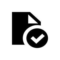 Poster - A black and white icon showing a document with a folded corner and a check mark in a circle overlaying it