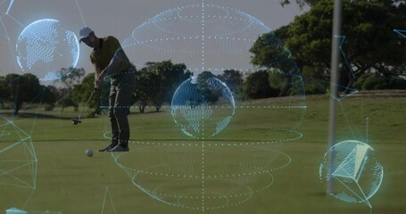 Poster - Mature golfer making putt on green, showing holographic globe and data overlays for tech