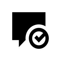Poster - Black speech bubble with a check mark inside a circle indicating confirmation and approval on white background