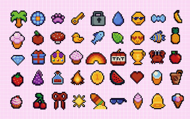 Fototapete - Set of summer pixel art speech bubbles and icons. Retro game style dialogue box and elements vector collection. Pixels Y2k trendy playful stickers. 8bit. Mood of 90's aesthetics