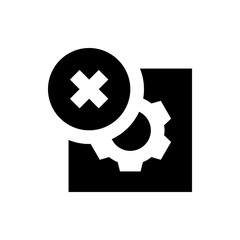 Poster - Black square with white gear partially obscured by a black circle with a white x inside, simple icon