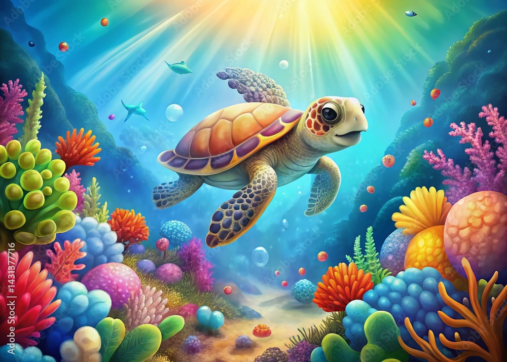Adorable Cartoon Sea Turtle Swimming Underwater, Ocean Background, Cute ...
