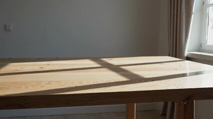 Poster - Sunlit Wooden Table in a Minimalist Interior Setting