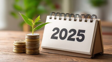 Poster - Calendar displaying 2025 beside growing plant and stacks of coins, symbolizing financial growth and future planning.