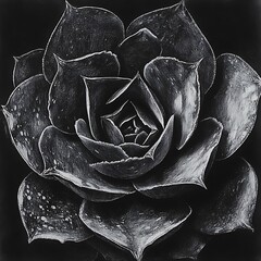 Poster - Monochromatic Succulent Drawing Gray and White on Black
