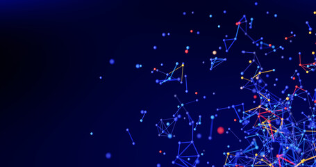 Poster - Intricate AI network of interconnected dots and lines forms a digital plexus, illustrating neural links, network nodes, and abstract science concepts on a dark blue backdrop. 3D render...