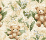Cute teddy bears with flowers and leaves create cozy and sweet watercolor seamless pattern