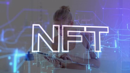 Poster - Woman interacting with tablet, exploring overlaid NFT graphic, showcasing floating circuit lines