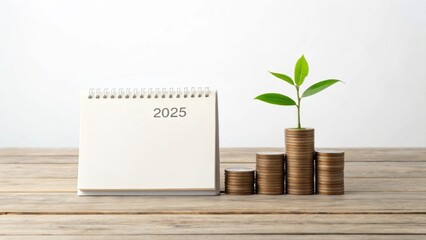 Poster - Plant growing from stacked coins with a calendar for 2025, symbolizing financial growth and future planning.