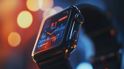 Poster - Close-up of a smartwatch displaying health and fitness data on its screen.  The watch is sleek and modern, with a dark band. The background is blurred with warm-toned bokeh.