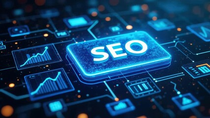 Poster - A vibrant digital representation of SEO, featuring a glowing button amidst data charts and interconnected nodes.