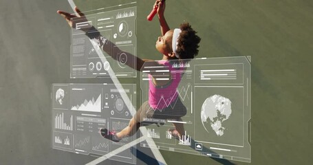 Poster - Woman tennis player executing powerful serve on hardcourt, displaying holographic analytics charts