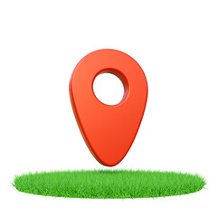 Fototapete - Red location pin on grassy ground, symbolizing navigation and direction. Red pin, navigation tool, and direction marker on grass on a isolated background. Location pin element on grass.