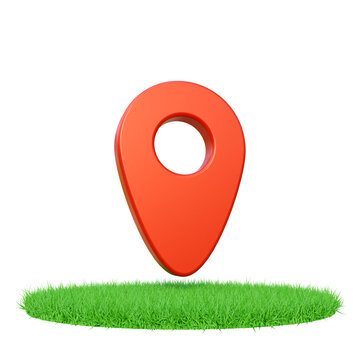 Red location pin on grassy ground, symbolizing navigation and direction. Red pin, navigation tool, and direction marker on grass on a isolated background. Location pin element on grass.