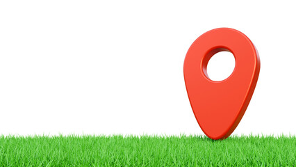 Fototapete - Red location pin on grassy ground, symbolizing navigation and direction. Red pin, navigation tool, and direction marker on grass on a isolated background. Location pin element on grass.