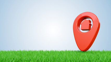 Fototapete - Red location pin on grassy ground, symbolizing navigation and direction. Red pin, navigation tool, and direction marker on grass on a soft blue background. Location pin element on grass.