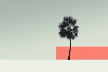 Poster - Lonely palm tree standing in surreal landscape with coral wall