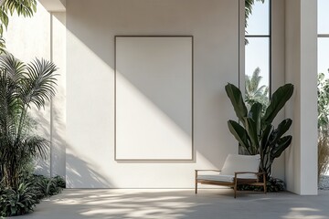 Aufkleber - Blank canvas in minimalist space, light and shadows play on the wall. A tranquil escape, with plants creating a calm atmosphere.