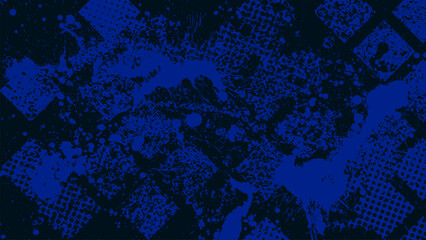 Poster - Dark grunge background with geometric shapes and halftone dots and scattered blue drops.