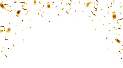 Falling gold shiny confetti and streamers with space in the middle isolated on transparent background