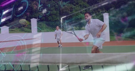 Poster - Two male tennis competitors playing on outdoor court showing floating sports analytics HUD graphics