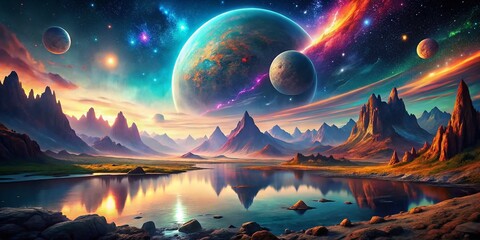 Wall Mural - Alien Planet Landscape: Mountains, River, Vibrant Starry Sky, Nebulae - Sci-Fi Fantasy