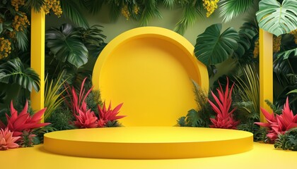 Poster - Vivid Summer Scene: Yellow Podium Stage Display For Product Stand Or Fashion Show Studio Backdrop And Cosmetic Exhibition Platform.
