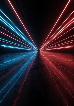 Abstract Neon Lights Tunnel Red and Blue Glowing Lines Converging in Dark Space