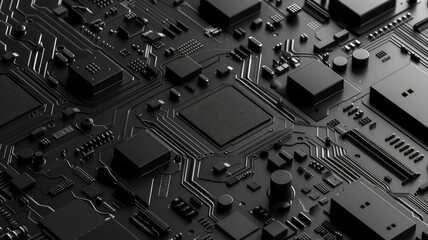 Poster - Close up of a circuit board with metallic material. Macro photography of motherboard or microchip or electrical circuit with dark black color glowing neon light. Digital artwork for design. AIG53.