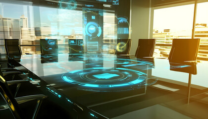 Modern conference room with holographic technology displaying data in a city skyline background