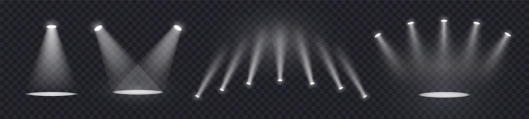Wall Mural - realistic light source set on transparent bg with reflection on floor. spotlight on dark wall, reali