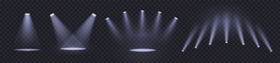 Wall Mural - realistic light source set on transparent bg with reflection on floor. spotlight on dark wall, reali