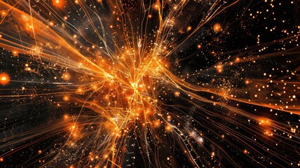 Poster - Abstract glowing orange and yellow network connections on a dark background. Digital artwork for design of vibrant color of orange color with glowing effect dot and lines conecting together. AIG53.