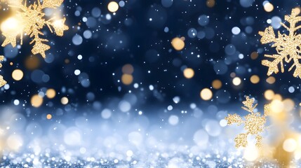 Golden snowflakes on a blue glitter background
