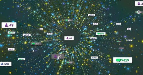 Aufkleber - social media data being visualized in 3d, showing swirling colored dots and floating metric icons
