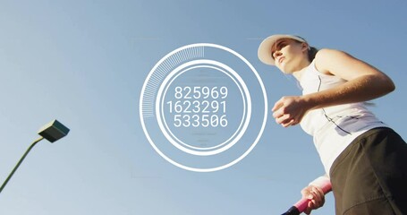 Poster - Female tennis player preparing serve on court, showing animated HUD graphics with health data
