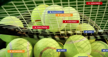 Poster - Flat design tennis balls being animated inside racket mesh, overlaying colored social media icons
