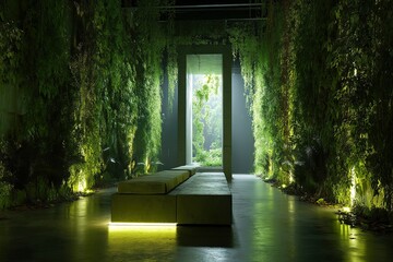 Poster - Serene indoor garden with lush greenery illuminated by soft lighting creating a tranquil atmosphere