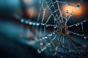 Poster - Close-up view of a spider web adorned with water droplets at dawn in a tranquil outdoor setting