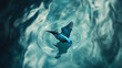 © Naruephu - Close-up of a kingfisher mid-hover above gently rippling turquoise water with sharp reflections and vibrant plumage in cinematic lighting