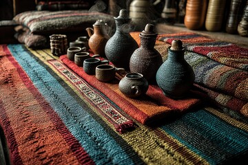 Poster - colorful ceramic pots and woven textiles arranged on a vibrant display in a craft shop
