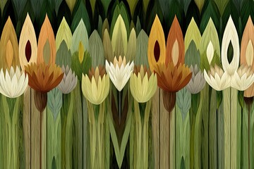 Poster - Colorful abstract depiction of flowering plants surrounded by green background in a vibrant display of nature's beauty